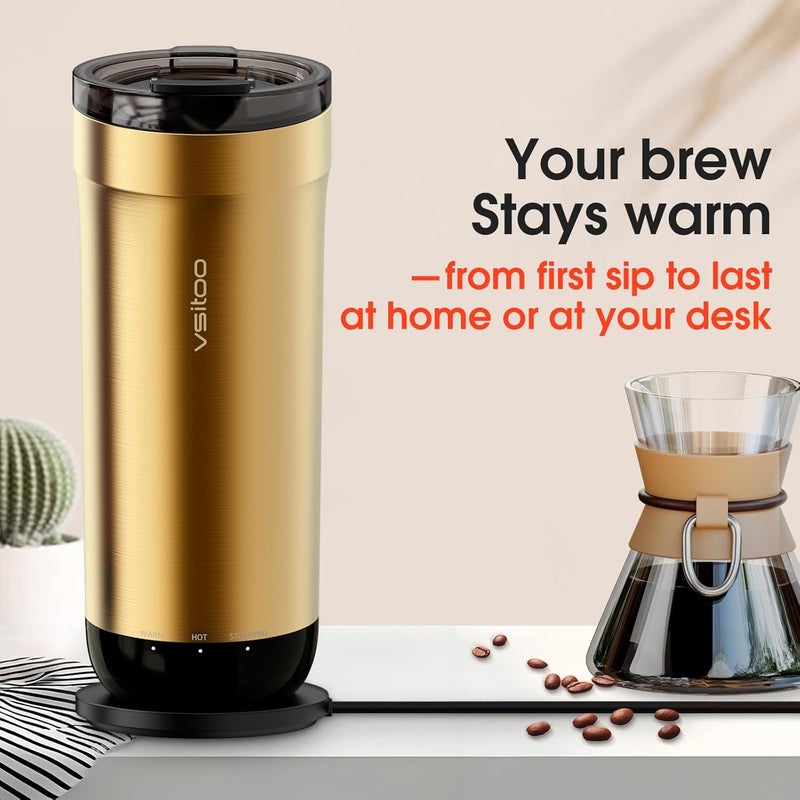 vsitoo S5 heated travel mug,16oz, Auto-Sensing AI Heats Drinks To 120-150°F Hands-Free. Temperature Control for All Cars, Perfect for Home/Office/Travel/Outdoor, Ideal Gift for Coffee Lovers - Gold - Image 4